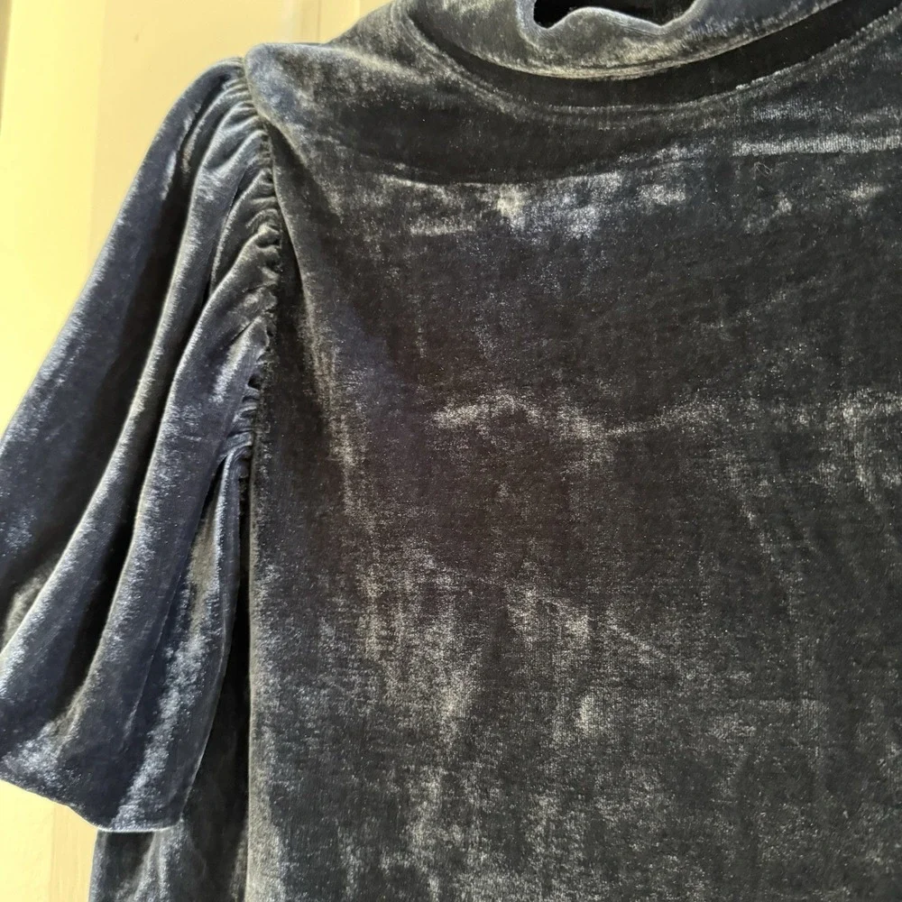 FREE PEOPLE Velvet Knit Claudia Top Womens S Puff Sleeve Boho Fairy Country Blue